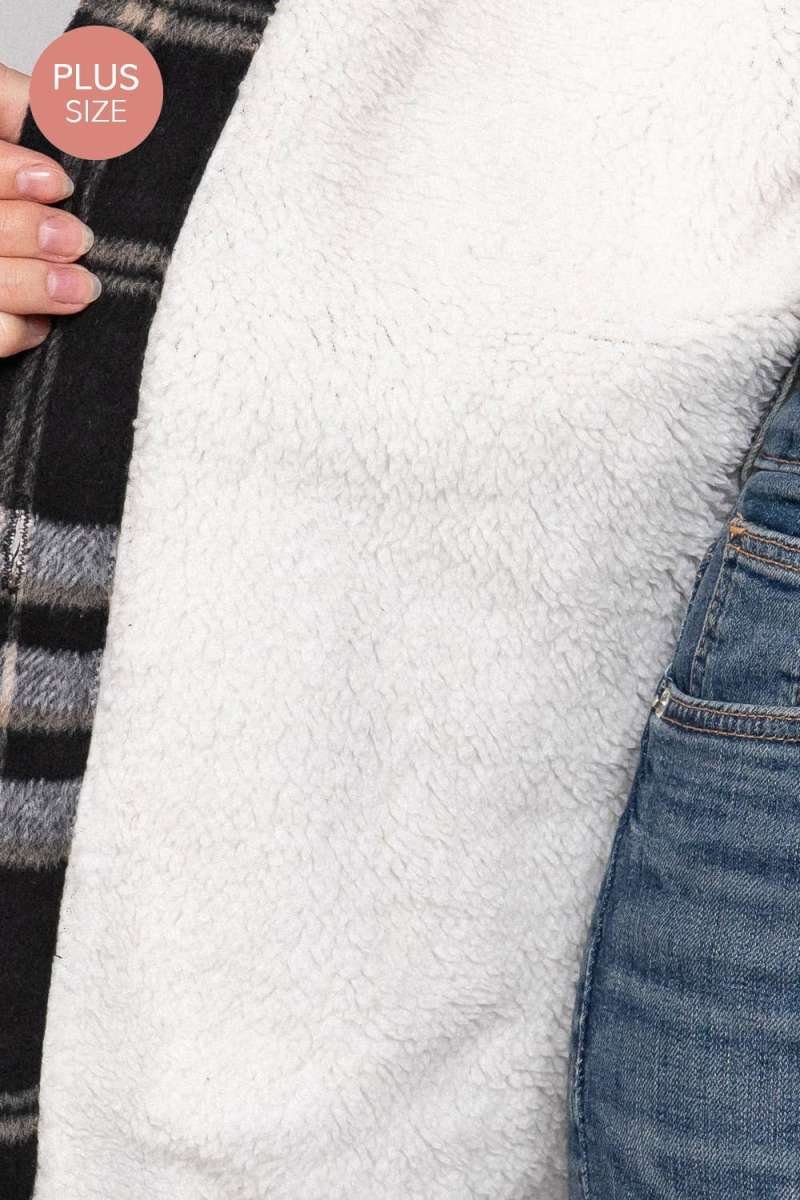 Long Sleeve Inside Faux Fur Brushed Plaid Plus Size Jacket - Image 6