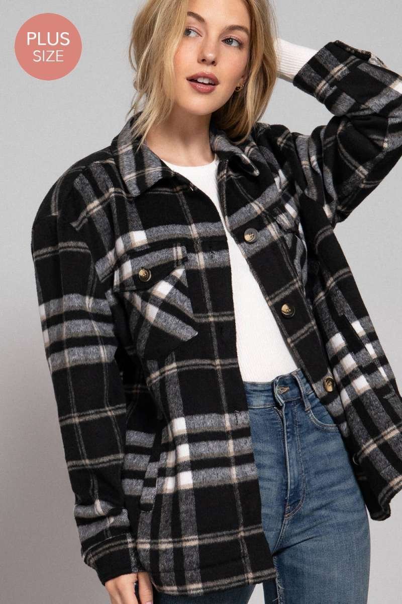 Long Sleeve Inside Faux Fur Brushed Plaid Plus Size Jacket - Image 3