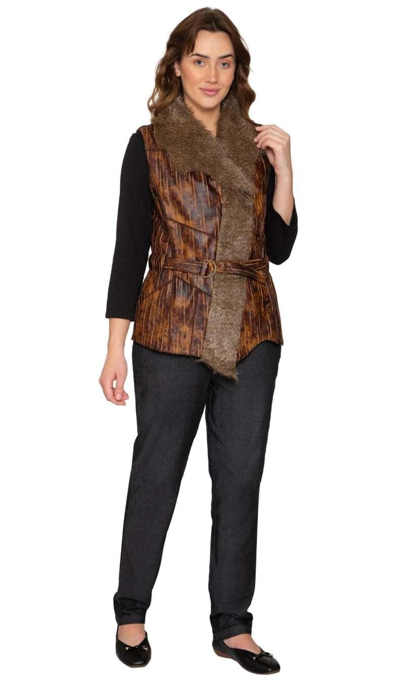 Women's Faux Fur Trimmed Belted Vegan Leather Vest - Image 5