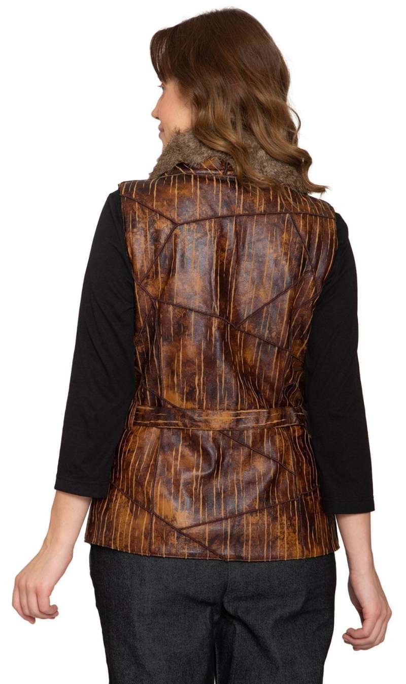 Women's Faux Fur Trimmed Belted Vegan Leather Vest - Image 3