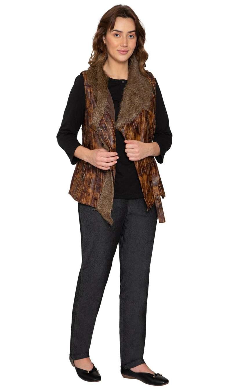 Women's Faux Fur Trimmed Belted Vegan Leather Vest - Image 2