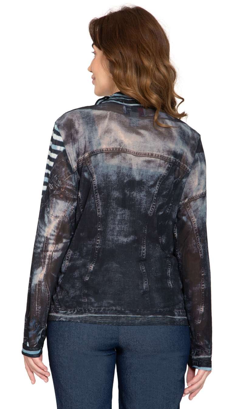 Women's Mesh Denim Look Printed Zip Front Jacket With Rhinestones - Image 4