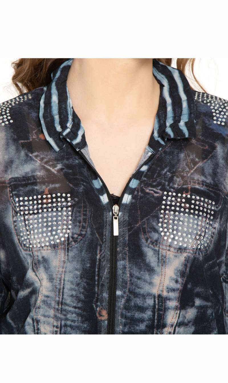 Women's Mesh Denim Look Printed Zip Front Jacket With Rhinestones - Image 5