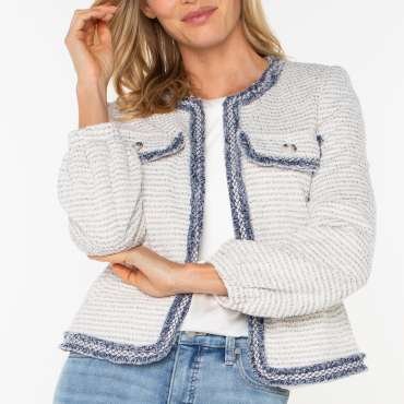 Liverpool Collarless Jacket with Fray Detail (Cream Navy Boucle)